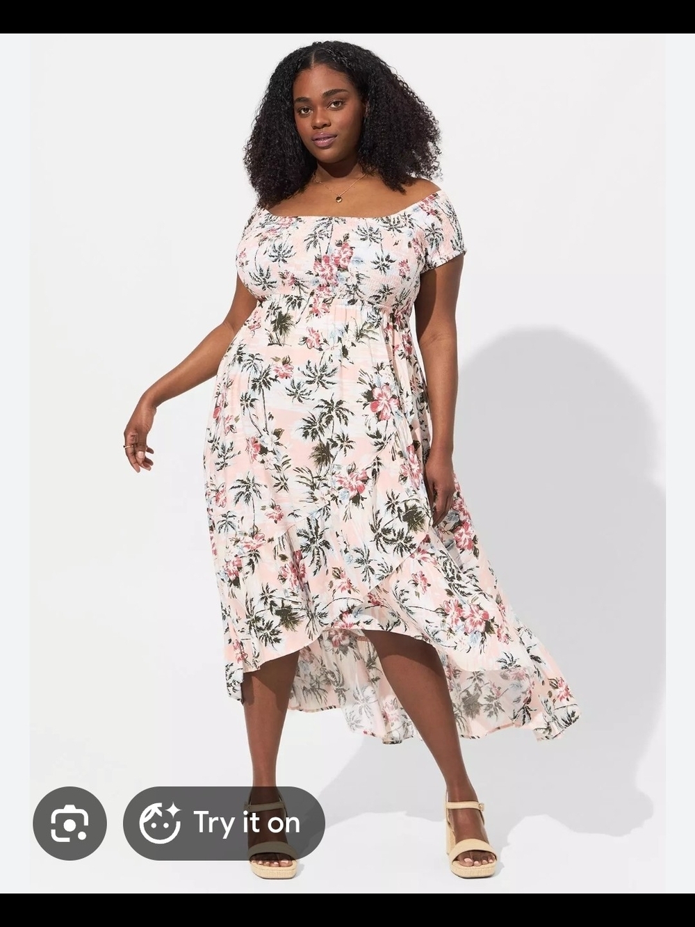 Torrid Blush Pink Floral High-Low Maxi Challis Dress Off Shoulders Sz 3